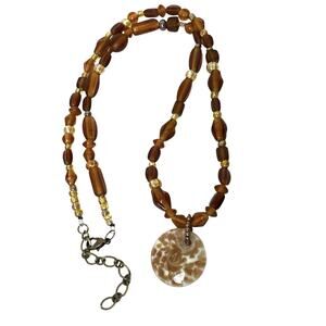 Necklace Brown Orange Translucent Beads Round Pendant Acrylic Earthy Boho 22"
